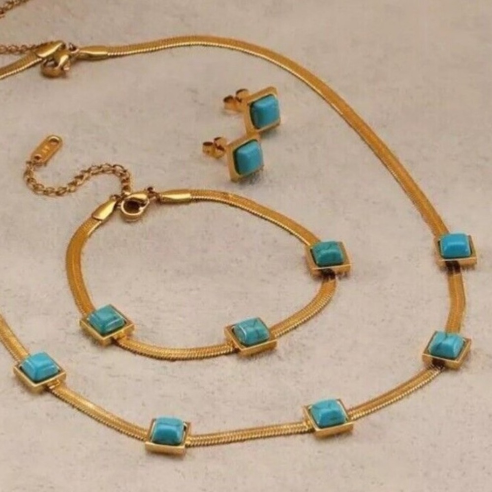 18K Gold Plated herringbone Turquoise Necklace Set Stainless Steel jewelry